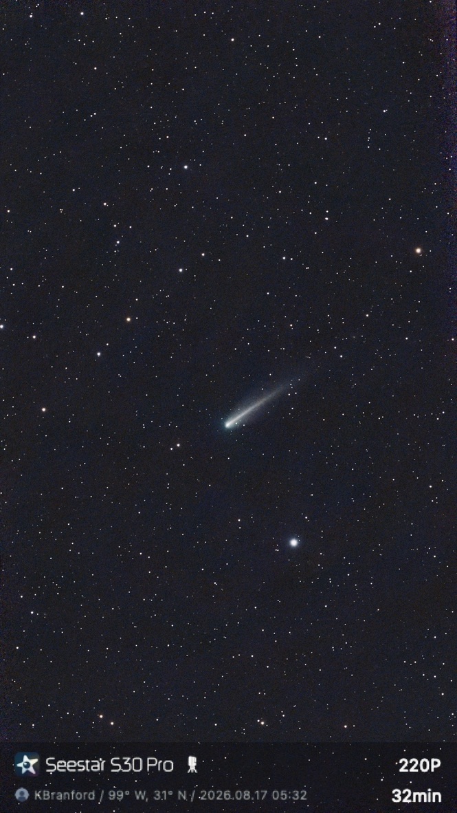 Comet 220P/McNaught captured with the Seestar S30 Pro, showing a bright coma and a long tail
